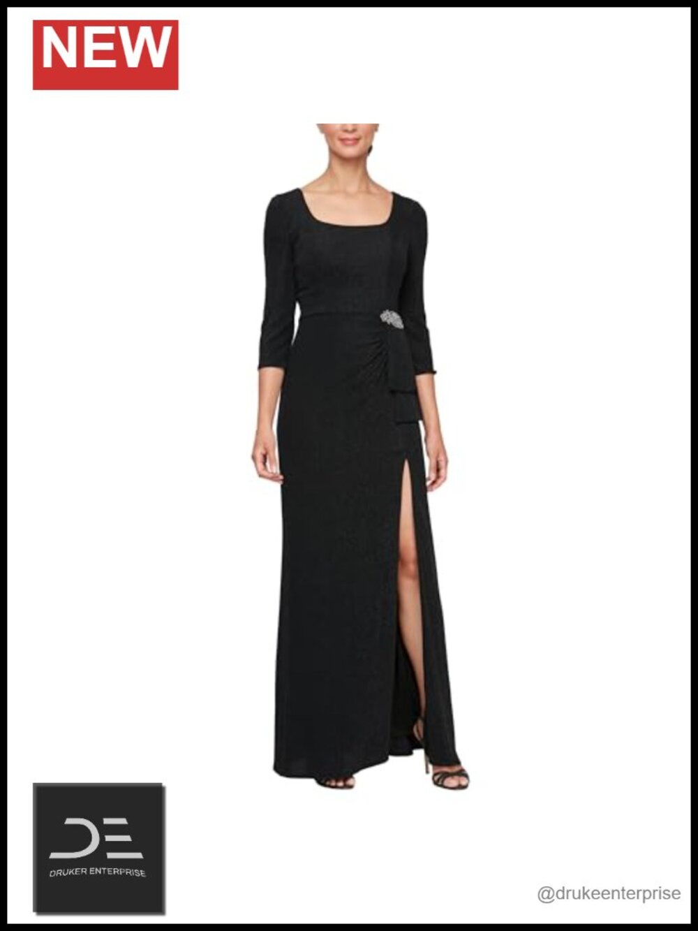 Metallic 3/4 Sleeve Formal Gown with Square Neck & Side Slit